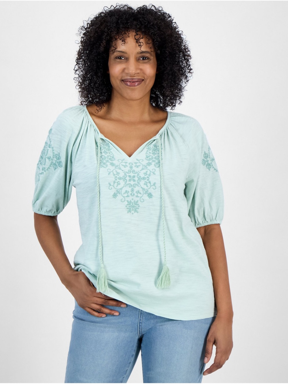 Plus Size Embroidered Peasant Top in Soft Green with Puff Sleeves Boho